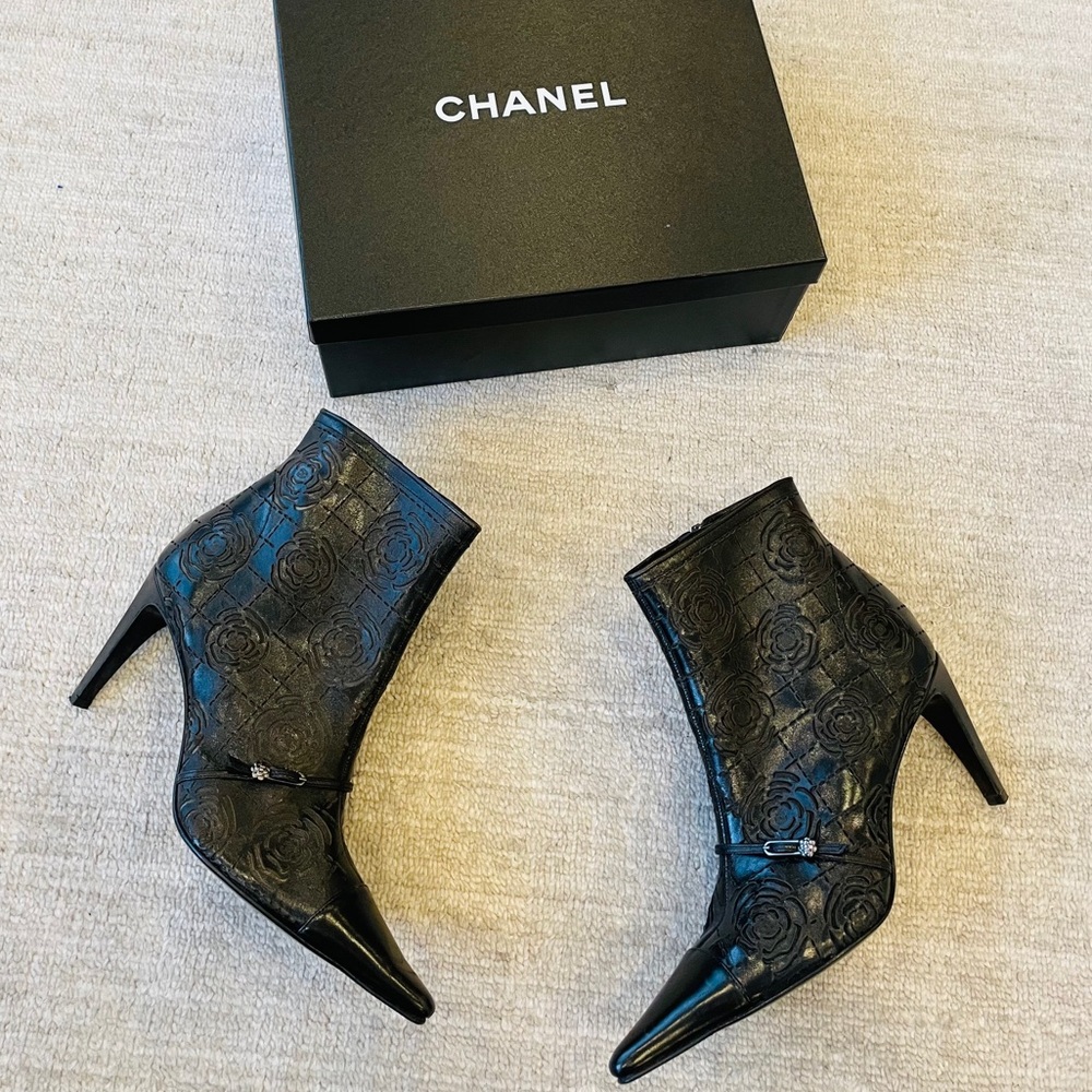 Chanel Laser Cut Camellia Ankle Boots